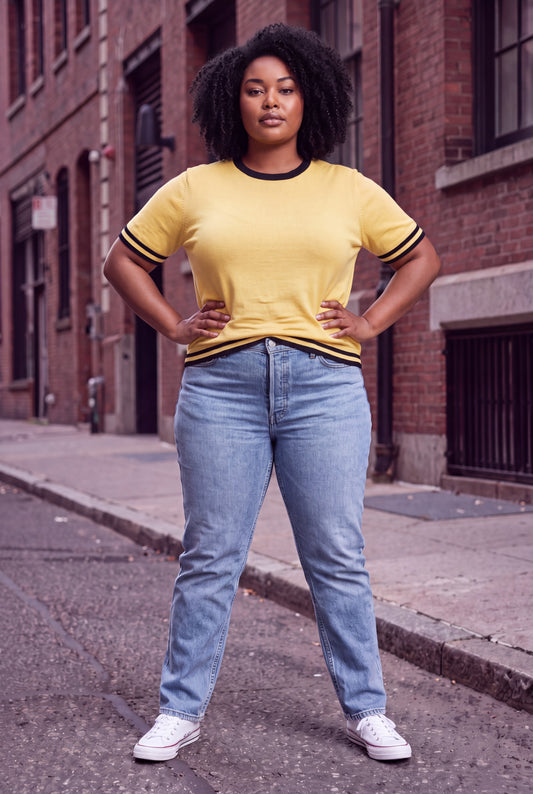 Plus Size Yellow Ribbed Knit T-Shirt with Contrast Stripe Trim - Above the Crowd Boutique