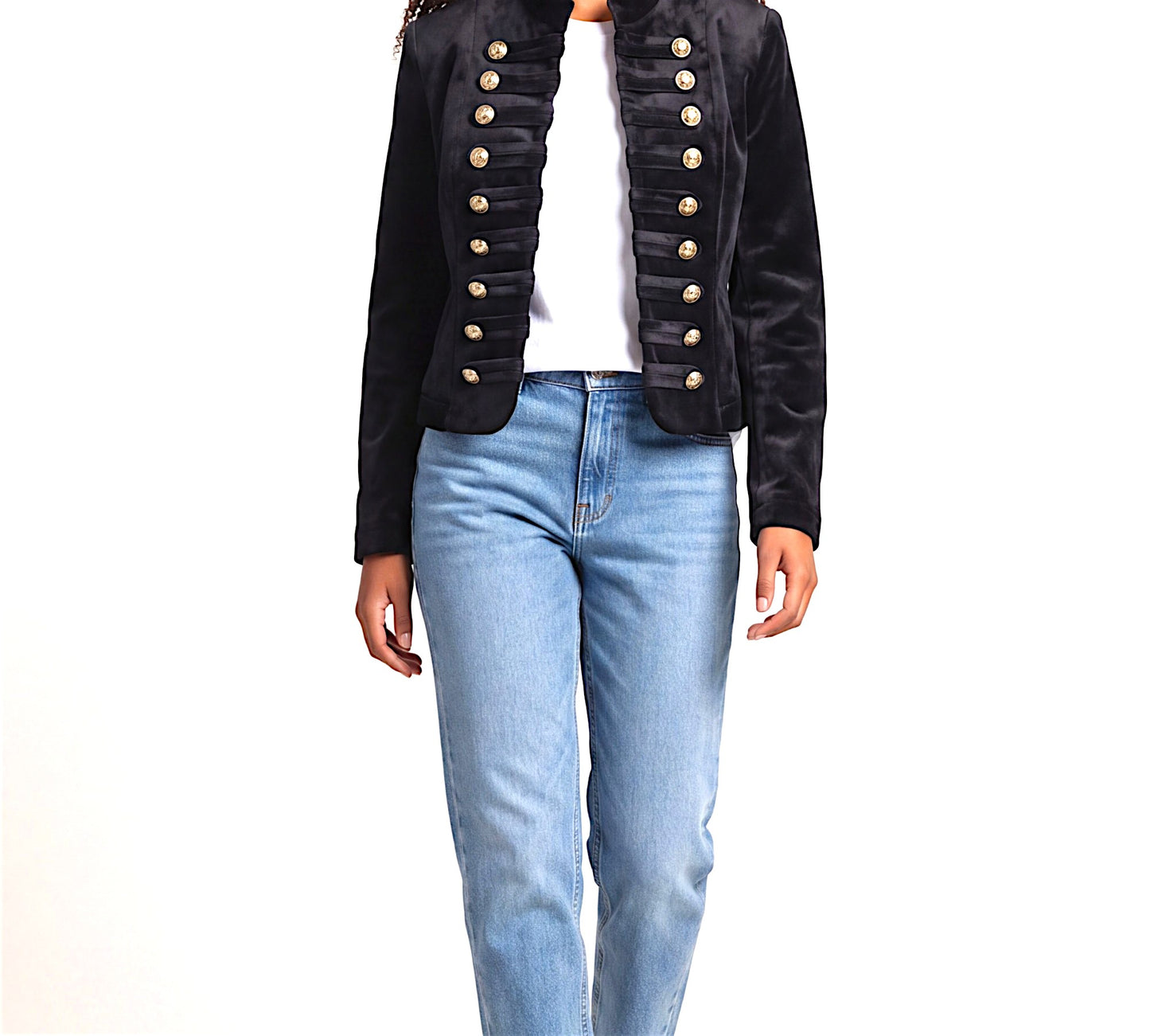 Black Velvet Military-Inspired Cropped Jacket with Gold Buttons - Above the Crowd Boutique