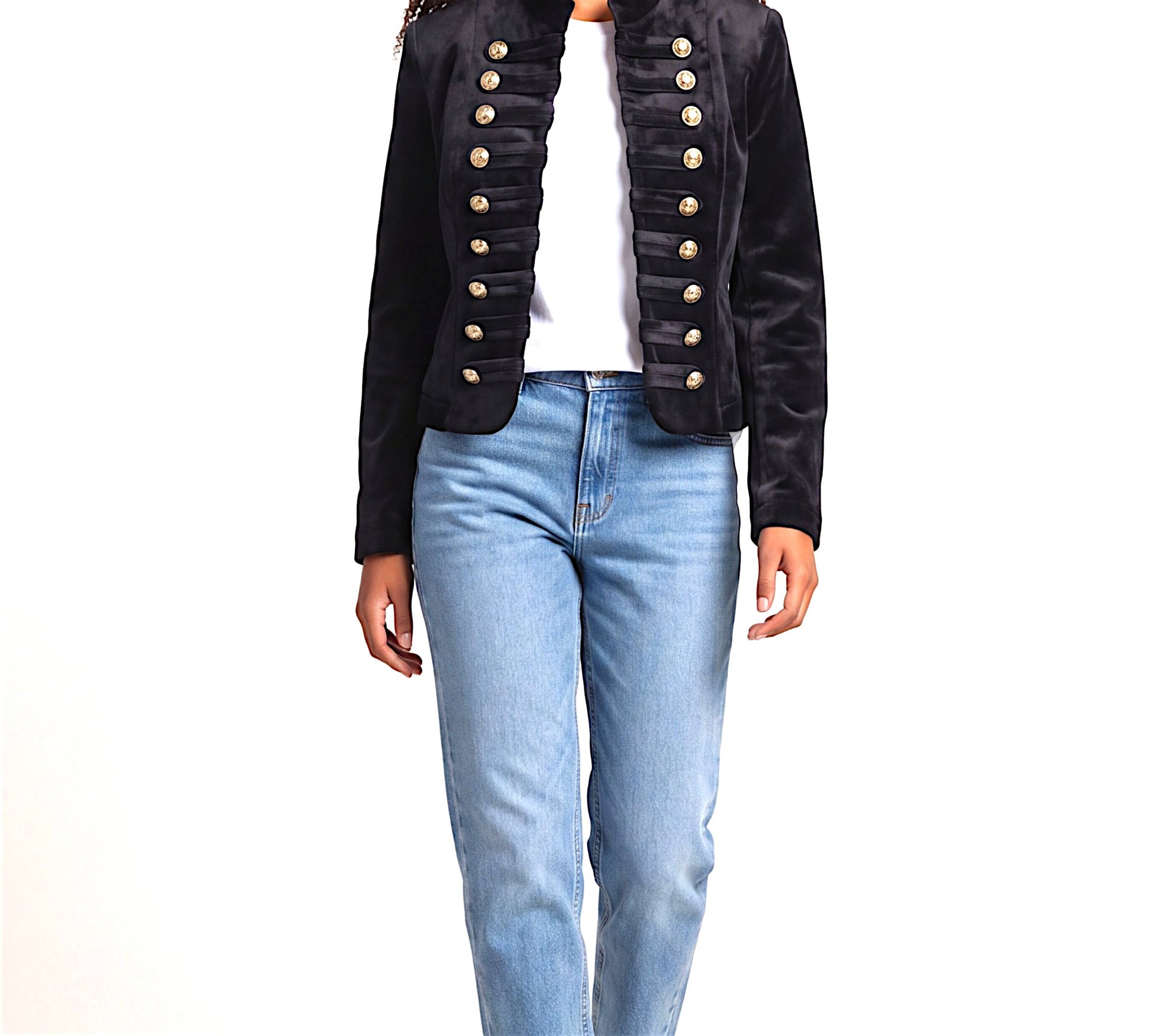 Black Velvet Military-Inspired Cropped Jacket with Gold Buttons - Above the Crowd Boutique