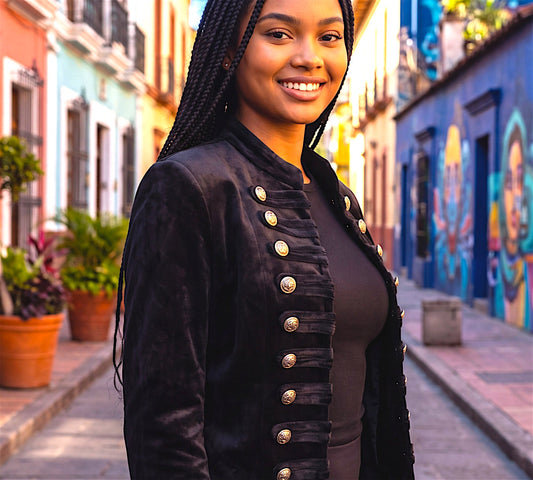 Black Velvet Military-Inspired Cropped Jacket with Gold Buttons - Above the Crowd Boutique