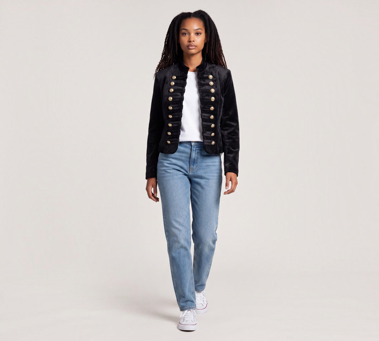 Black Velvet Military-Inspired Cropped Jacket with Gold Buttons - Above the Crowd Boutique