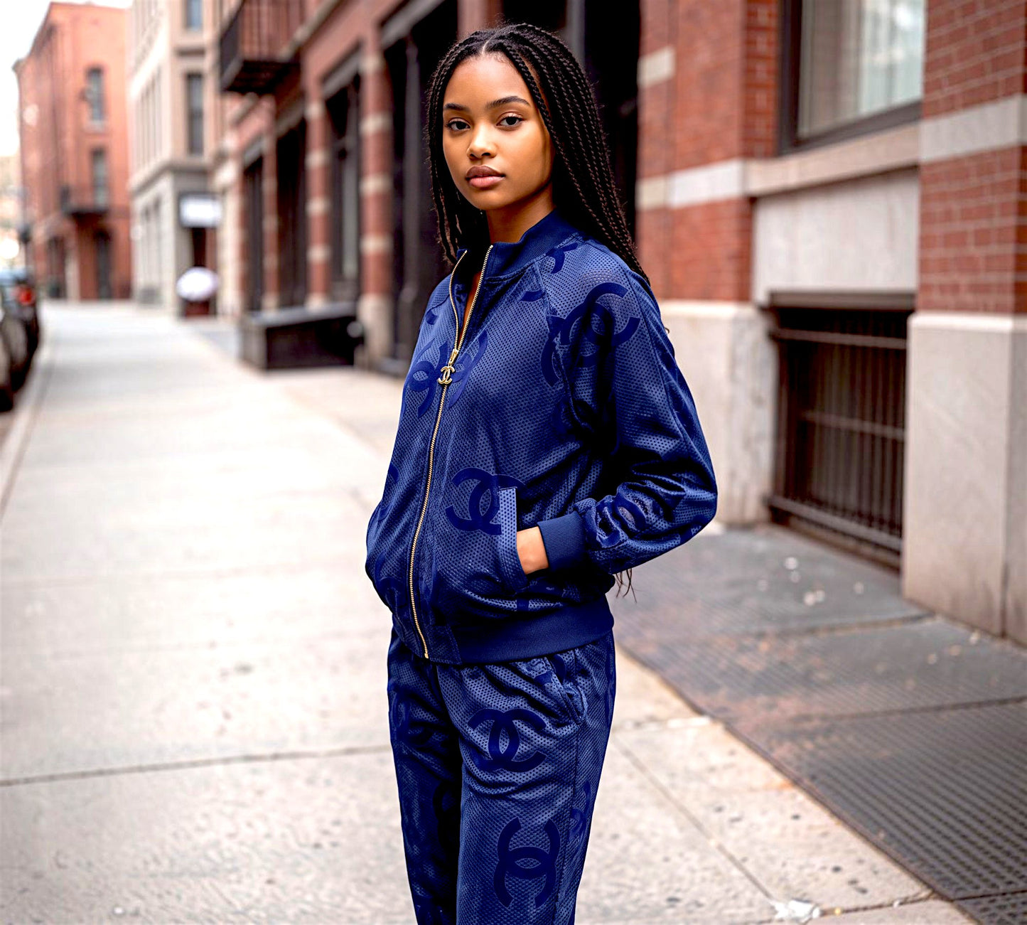 Navy Monogram Velvet Tracksuit