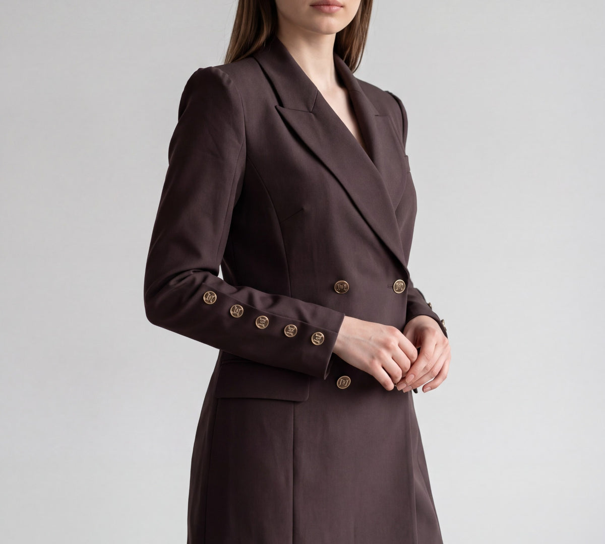 Chocolate Brown Double-Breasted Blazer Mini Dress with Gold Button Details - Above the Crowd Boutique