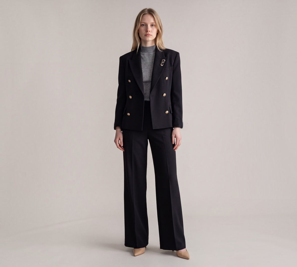 Black Double-Breasted Blazer And Wide-Leg Pants Suit