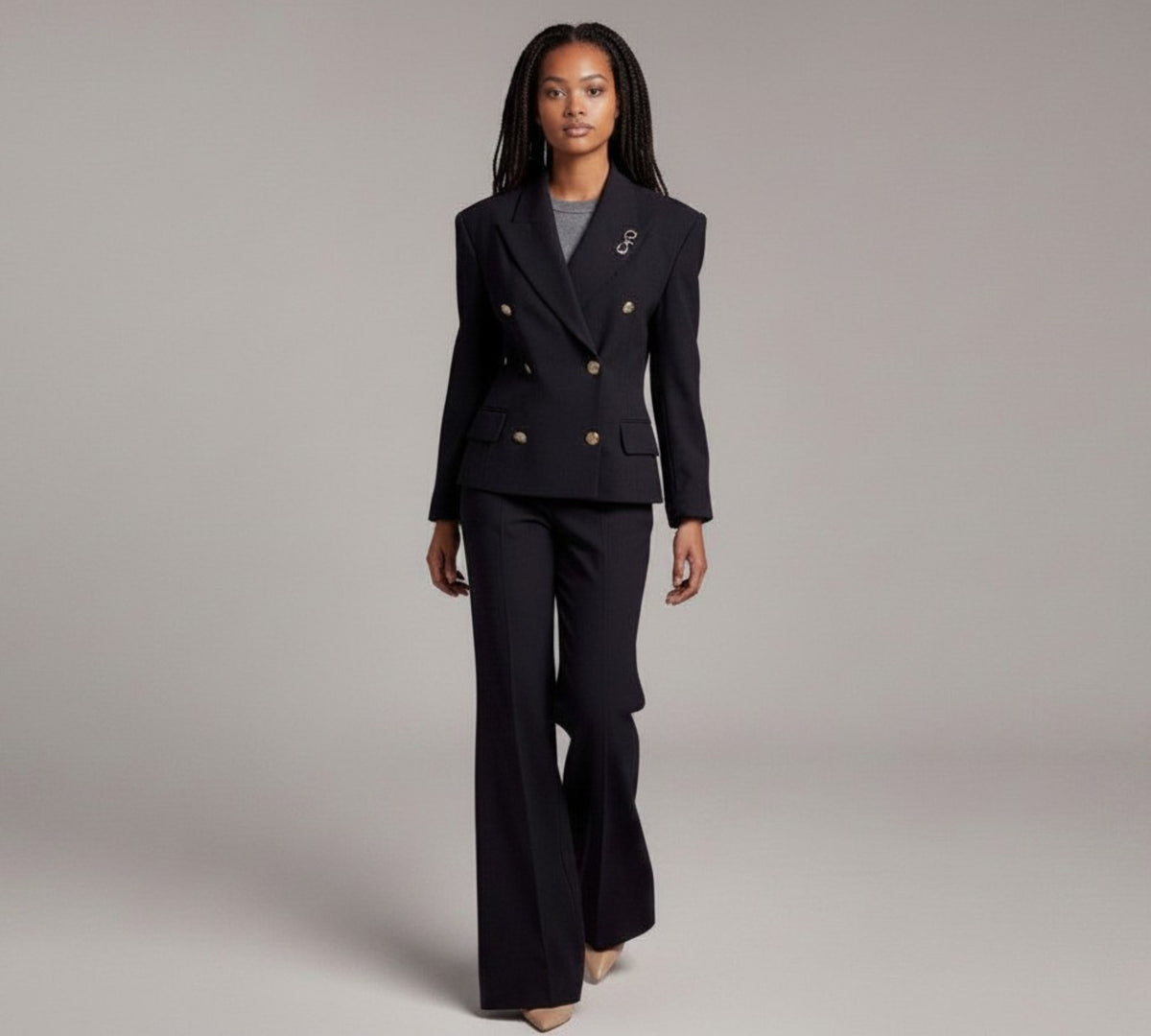 Black Double-Breasted Blazer And Wide-Leg Pants Suit