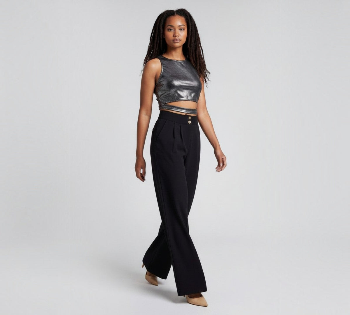 Black Double-Breasted Blazer And Wide-Leg Pants Suit