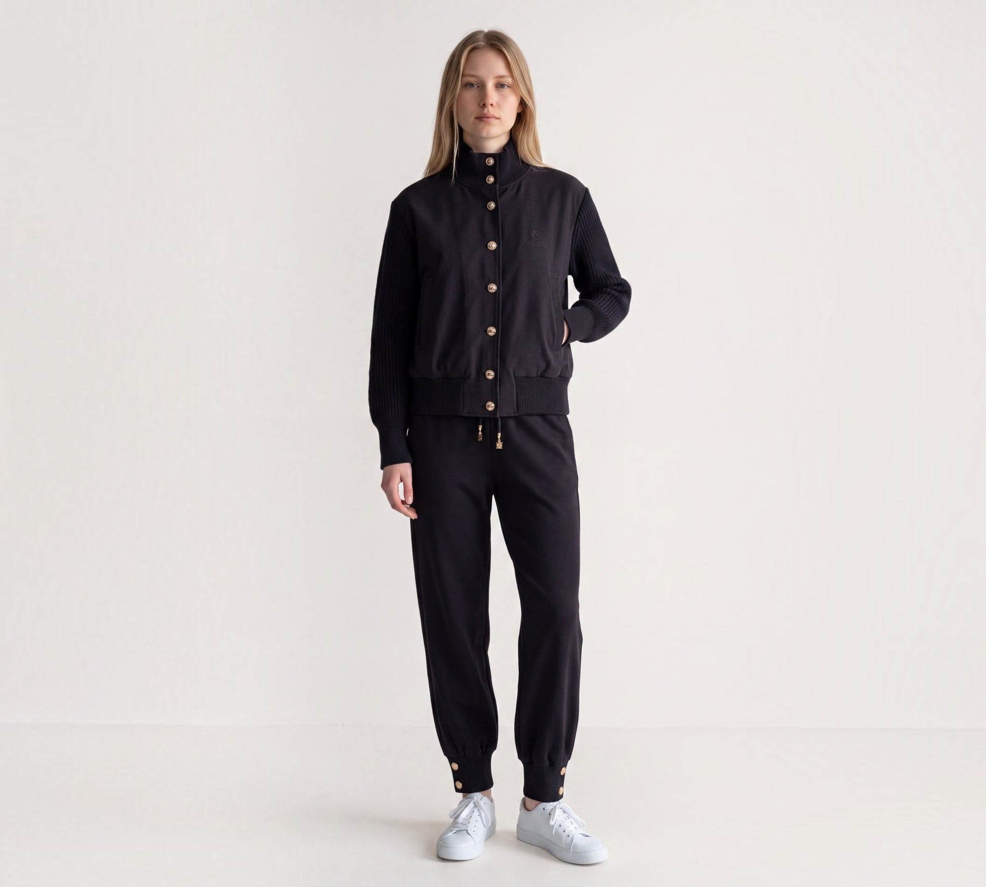Black Luxury Knit-Trim Bomber Jacket & Jogger Pants Set - Above the Crowd Boutique