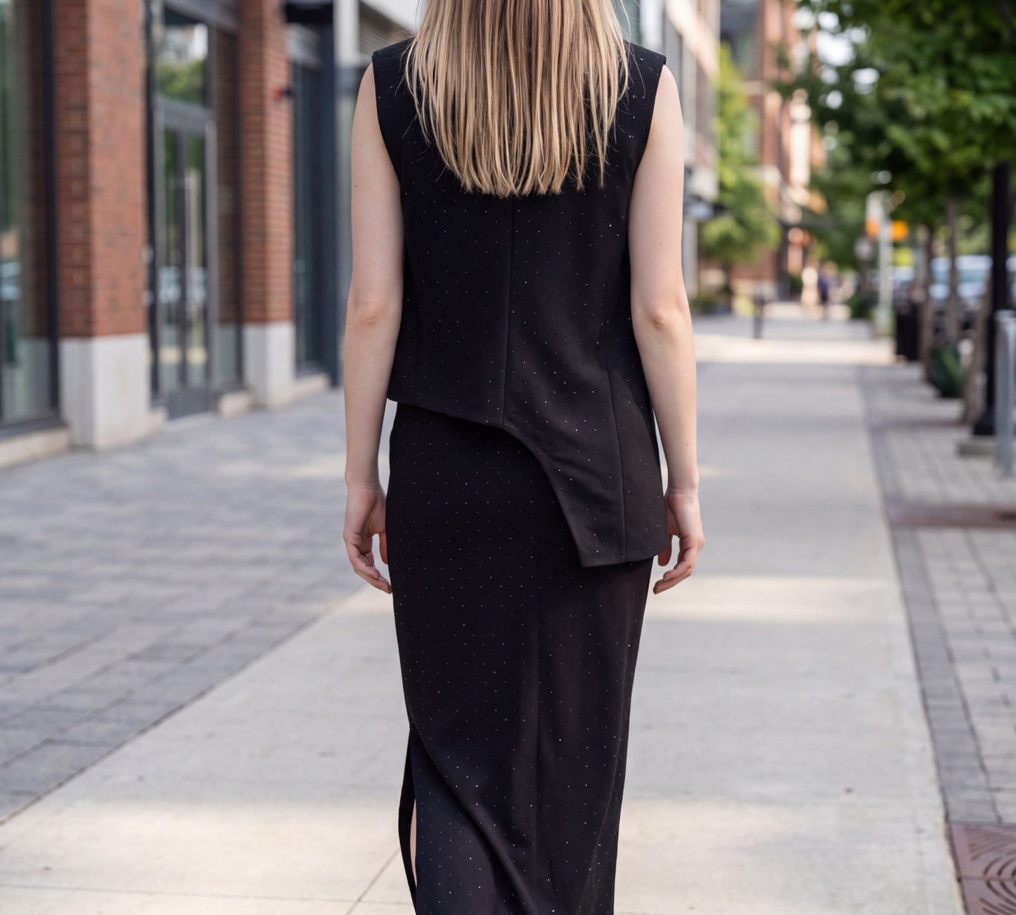 Black Crystal Pinstripe Asymmetric Vest and Midi Skirt Suit - Above the Crowd Boutique