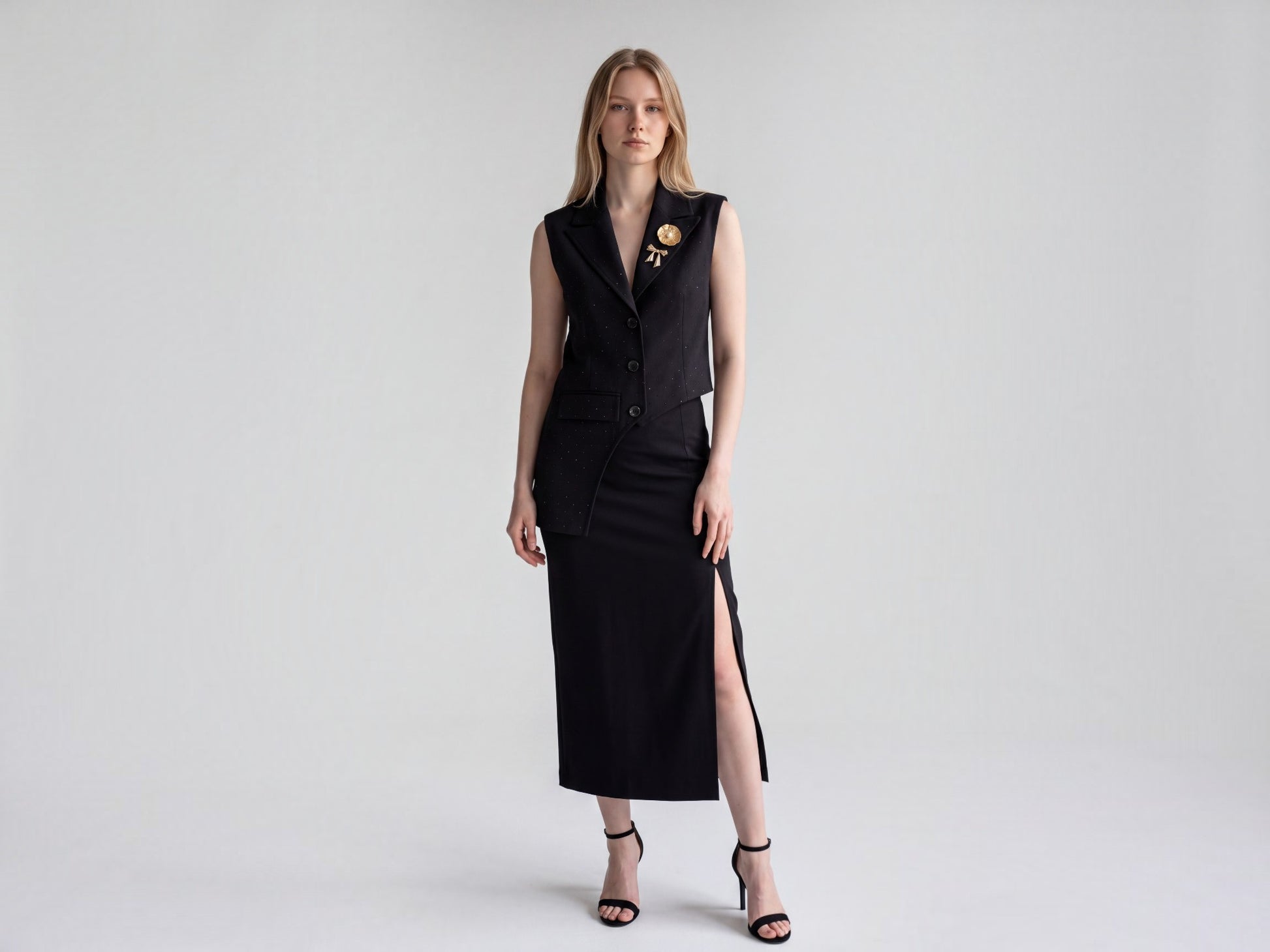 Black Crystal Pinstripe Asymmetric Vest and Midi Skirt Suit - Above the Crowd Boutique