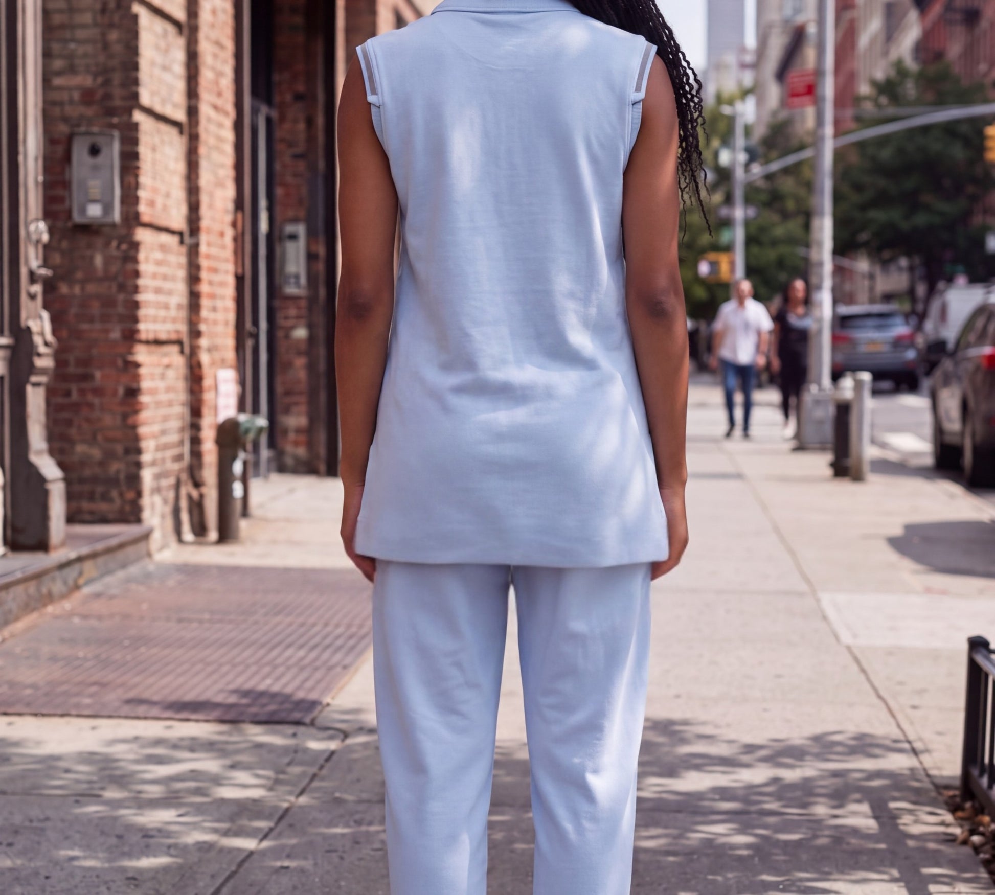 Powder Blue Embellished Sleeveless Blazer and Tapered Pants Suit - Above the Crowd Boutique