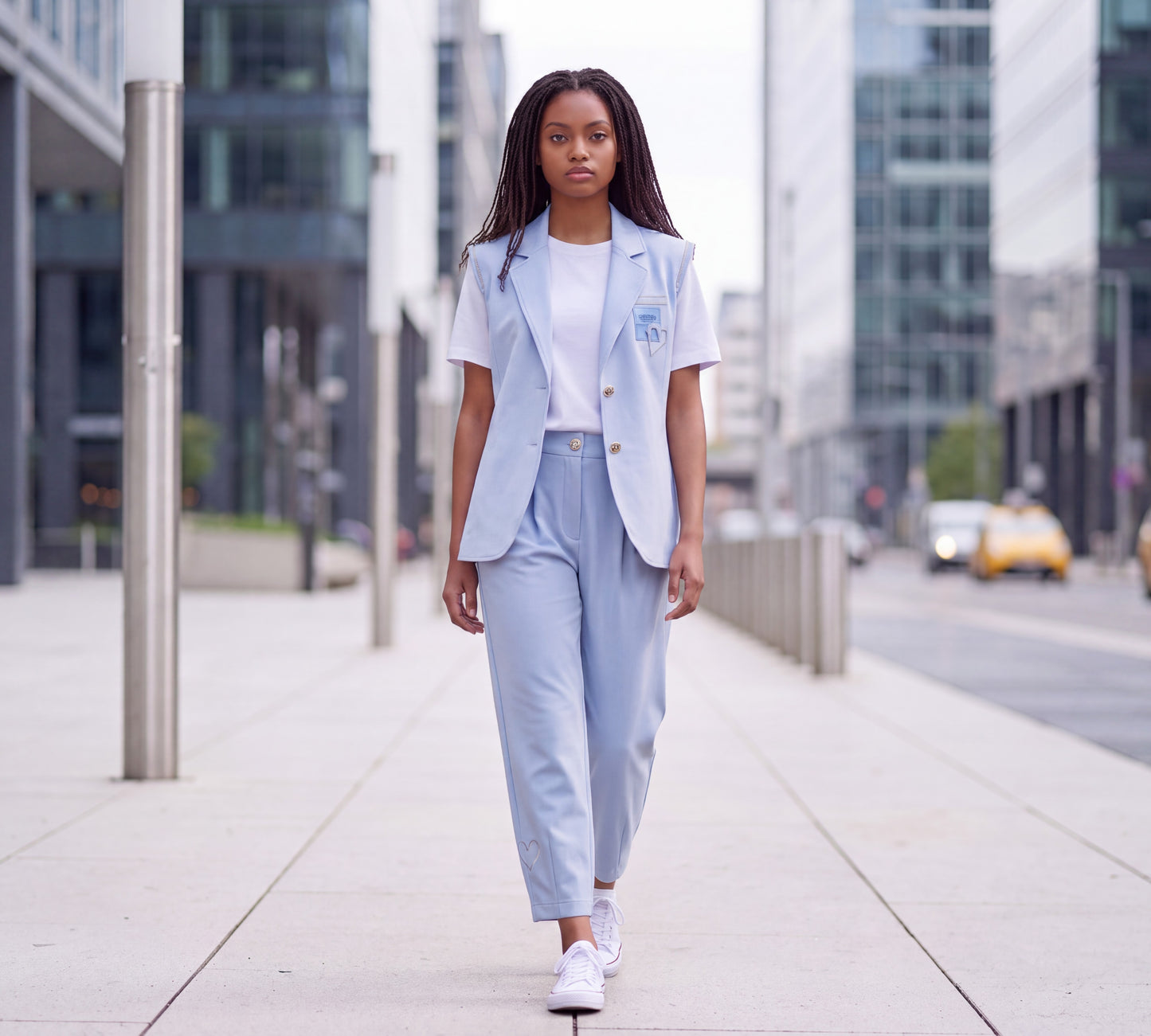 Powder Blue Embellished Sleeveless Blazer and Tapered Pants Suit - Above the Crowd Boutique