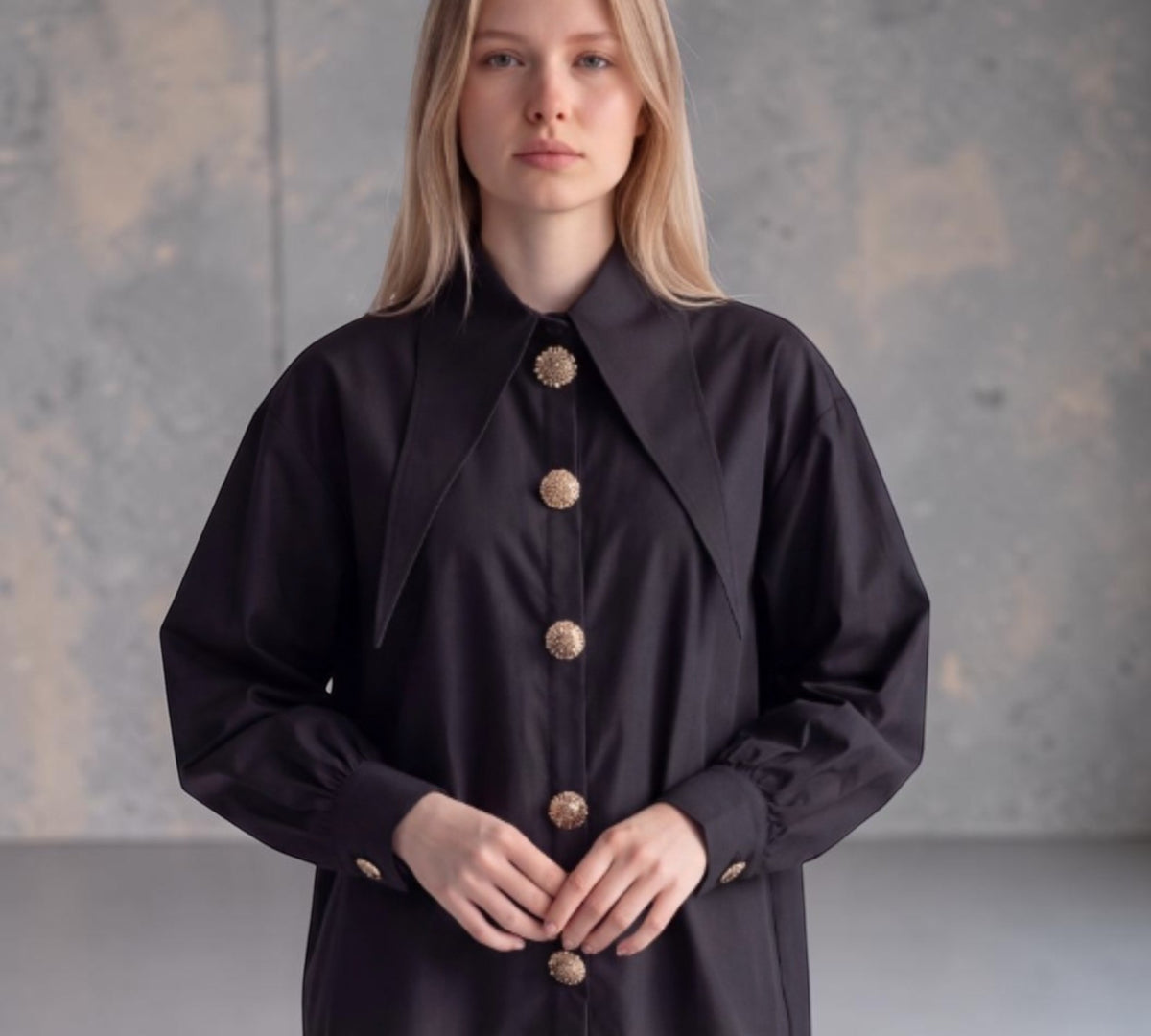 Black Statement Blouse with Oversized Pointed Collar and Gold Embellished Buttons - Above the Crowd Boutique
