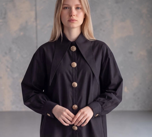 Black Statement Blouse with Oversized Pointed Collar and Gold Embellished Buttons - Above the Crowd Boutique
