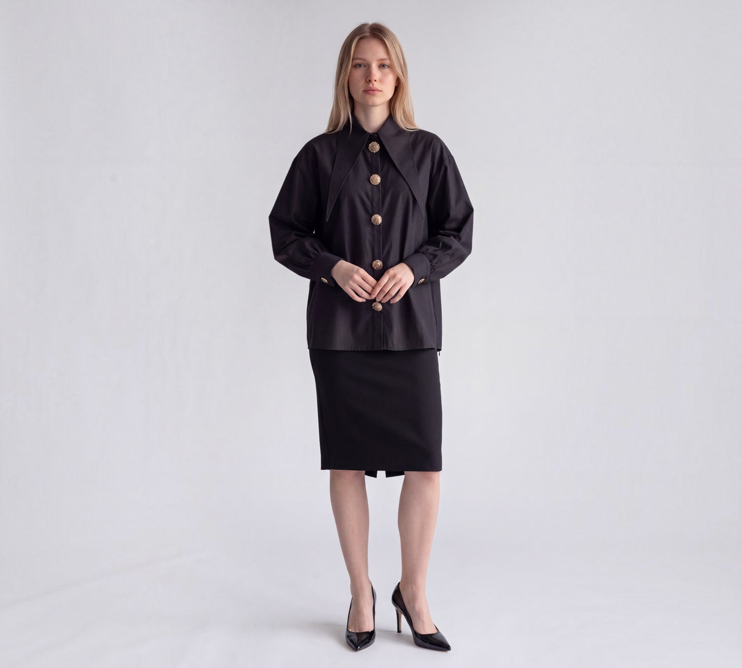 Black Statement Blouse with Oversized Pointed Collar and Gold Embellished Buttons - Above the Crowd Boutique
