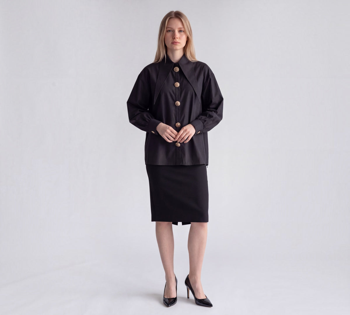 Black Statement Blouse with Oversized Pointed Collar and Gold Embellished Buttons - Above the Crowd Boutique