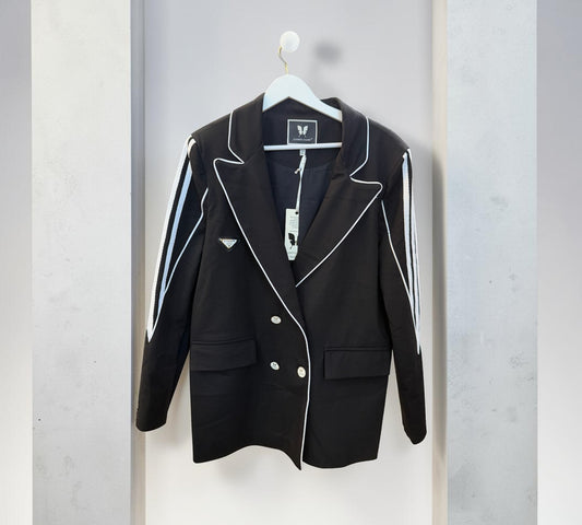 Black Contrast-Piping Double-Breasted Blazer - Above the Crowd Boutique