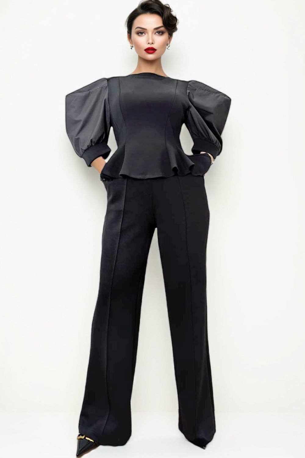 Structured Peplum Top with Statement Puff Sleeves - Above the Crowd Boutique