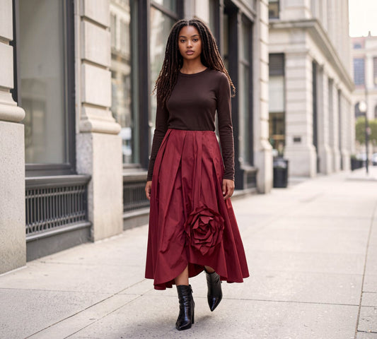 Burgundy Statement Midi Skirt with Oversized 3D Rose Appliqué