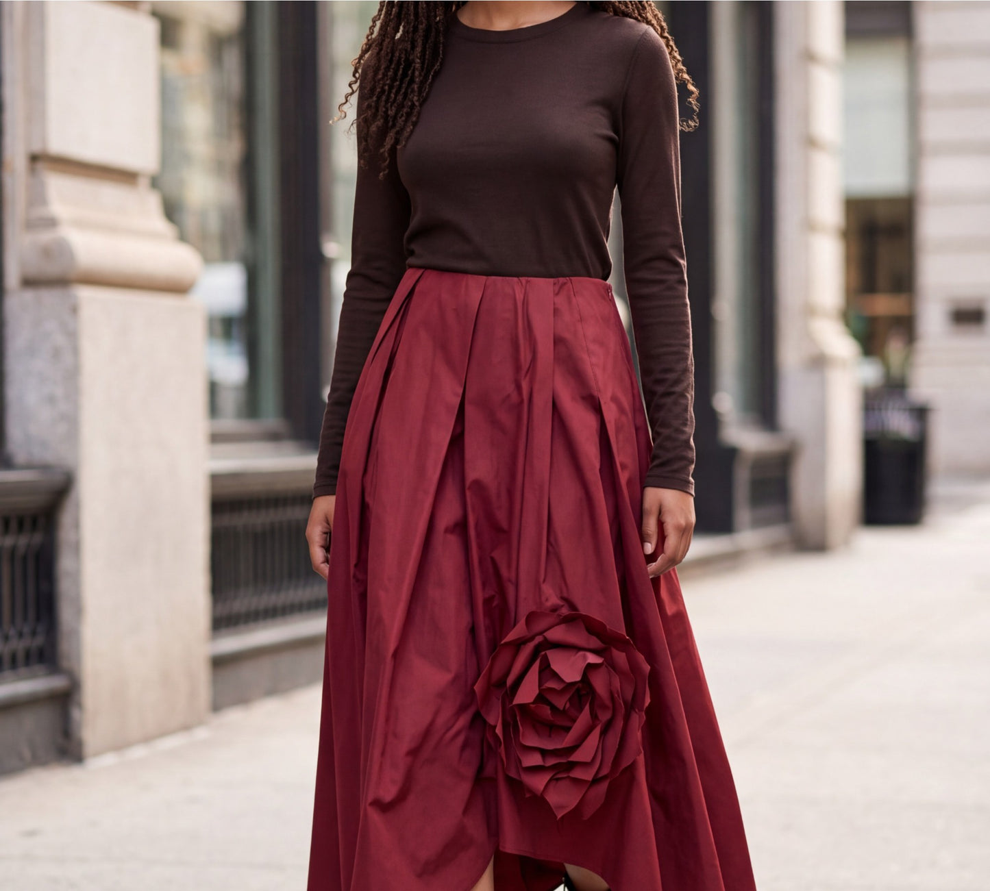 Burgundy Statement Midi Skirt with Oversized 3D Rose Appliqué