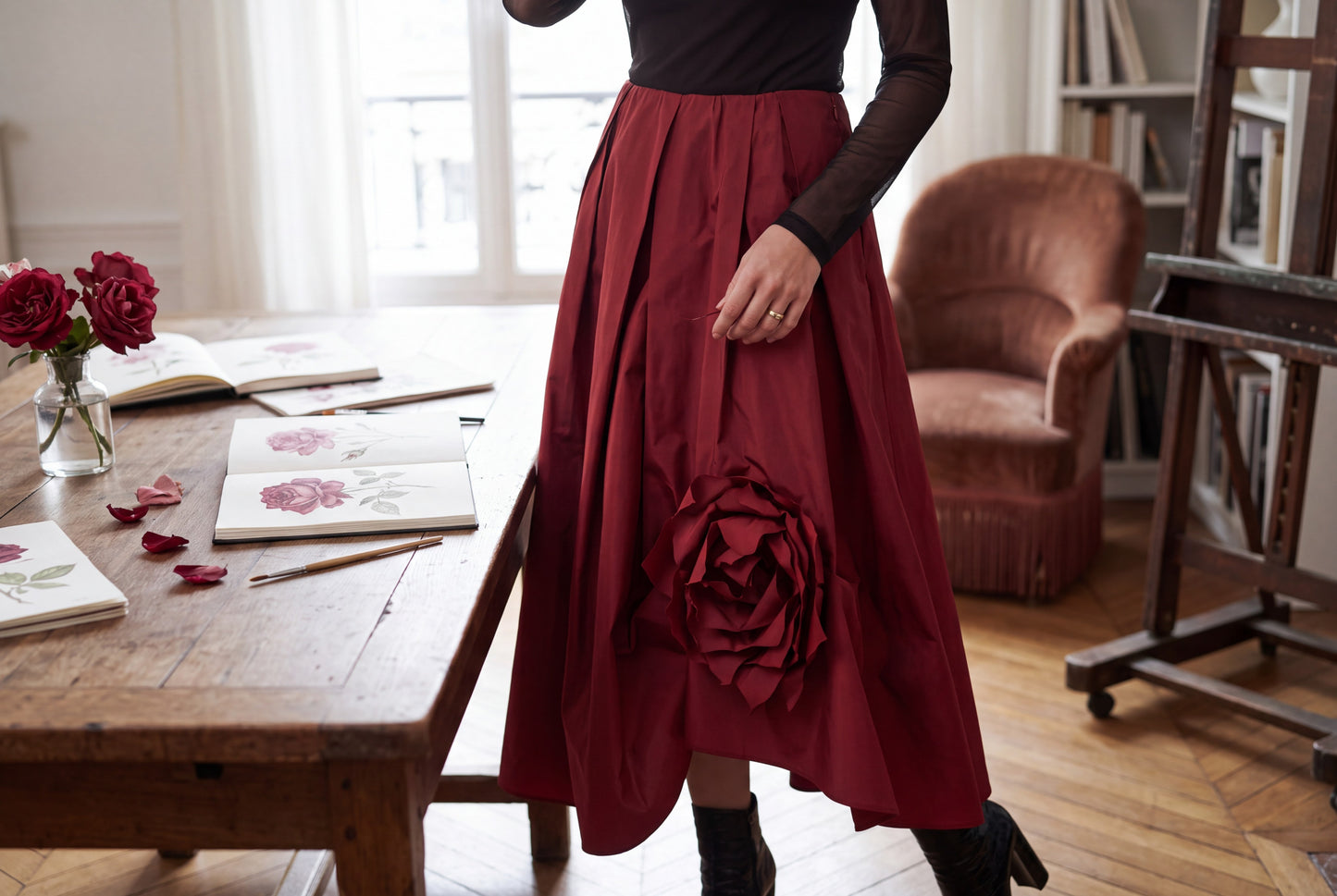 Burgundy Statement Midi Skirt with Oversized 3D Rose Appliqué