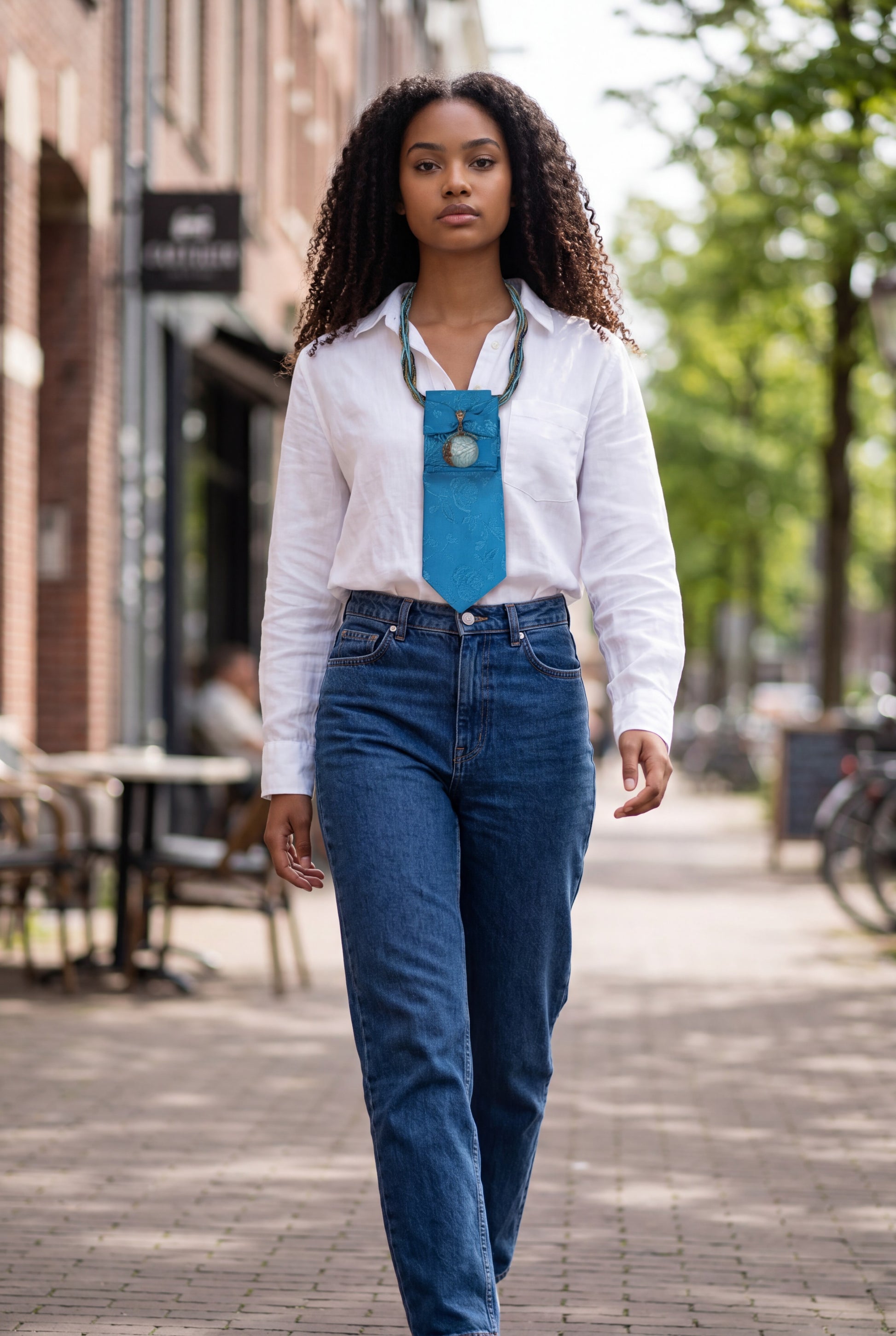Vintage-Inspired Statement Necktie Necklace – Turquoise Floral Elegance