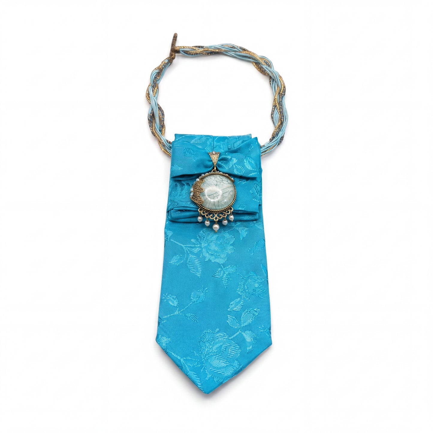 Vintage-Inspired Statement Necktie Necklace – Turquoise Floral Elegance