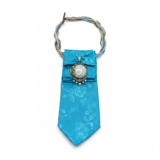 Vintage-Inspired Statement Necktie Necklace – Turquoise Floral Elegance