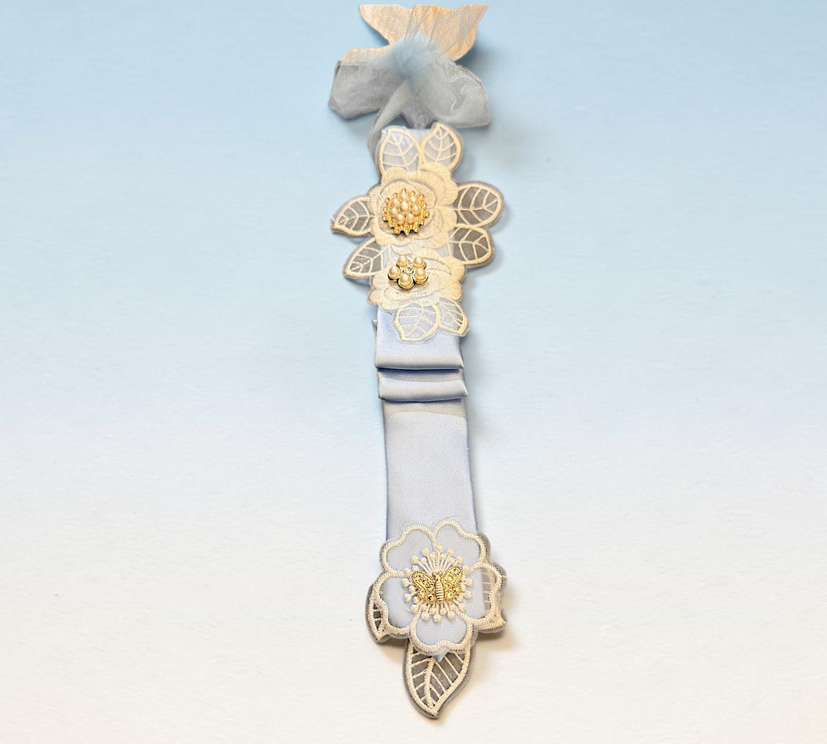 Handmade Powder Blue Lace Women’s Statement Necktie with Pearl Jewelry - Above the Crowd Boutique