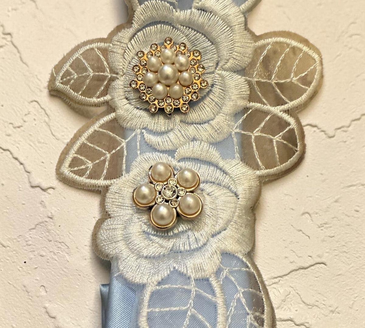 Handmade Powder Blue Lace Women’s Statement Necktie with Pearl Jewelry - Above the Crowd Boutique