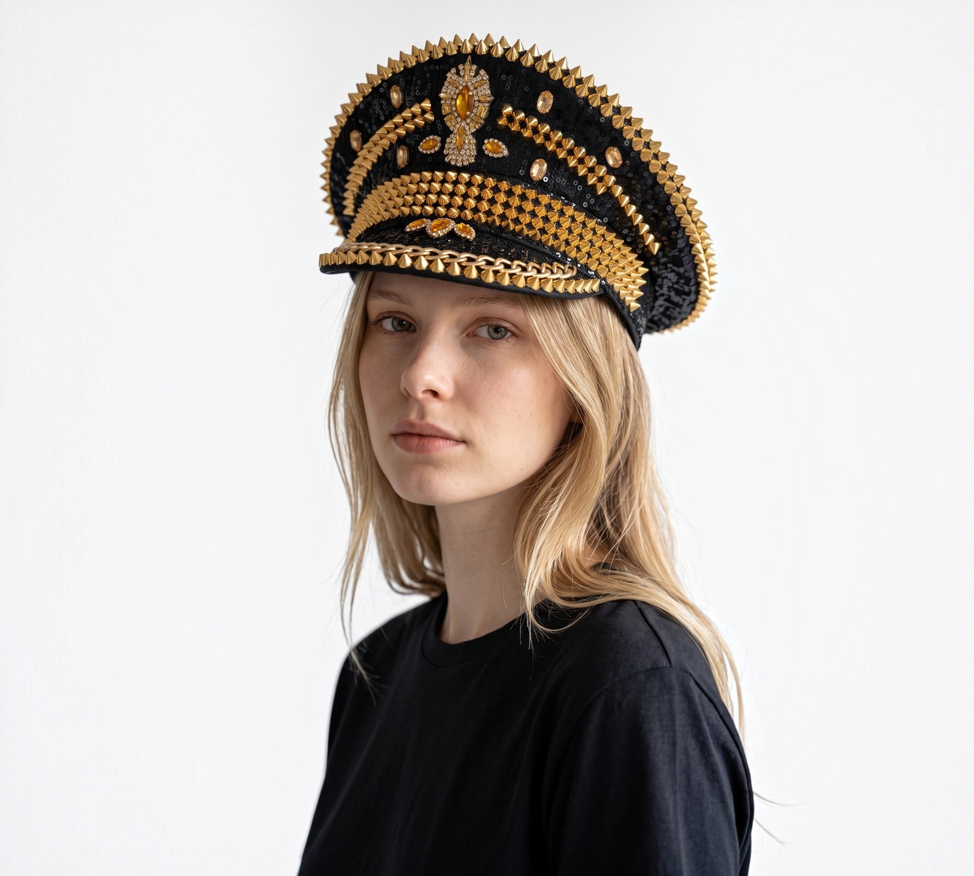 Black & Gold Embellished Military Captain Hat - Above the Crowd Boutique