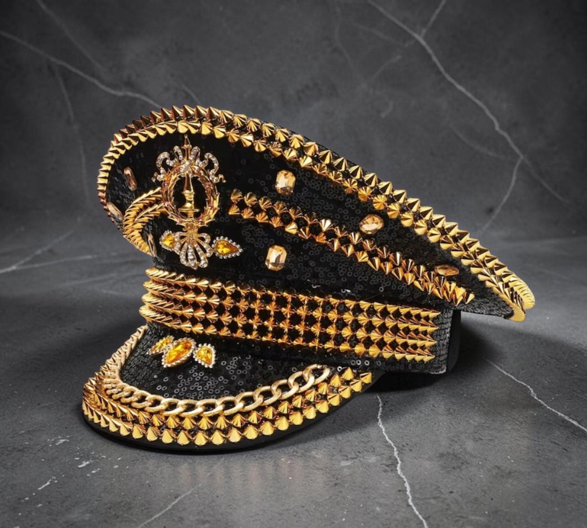 Black & Gold Embellished Military Captain Hat - Above the Crowd Boutique