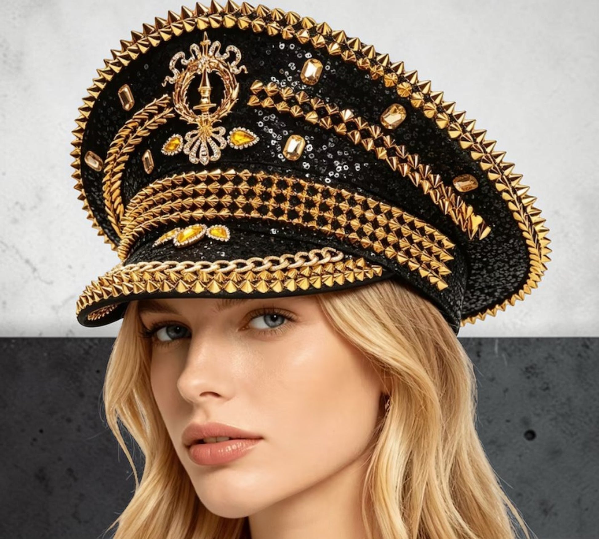 Black & Gold Embellished Military Captain Hat - Above the Crowd Boutique