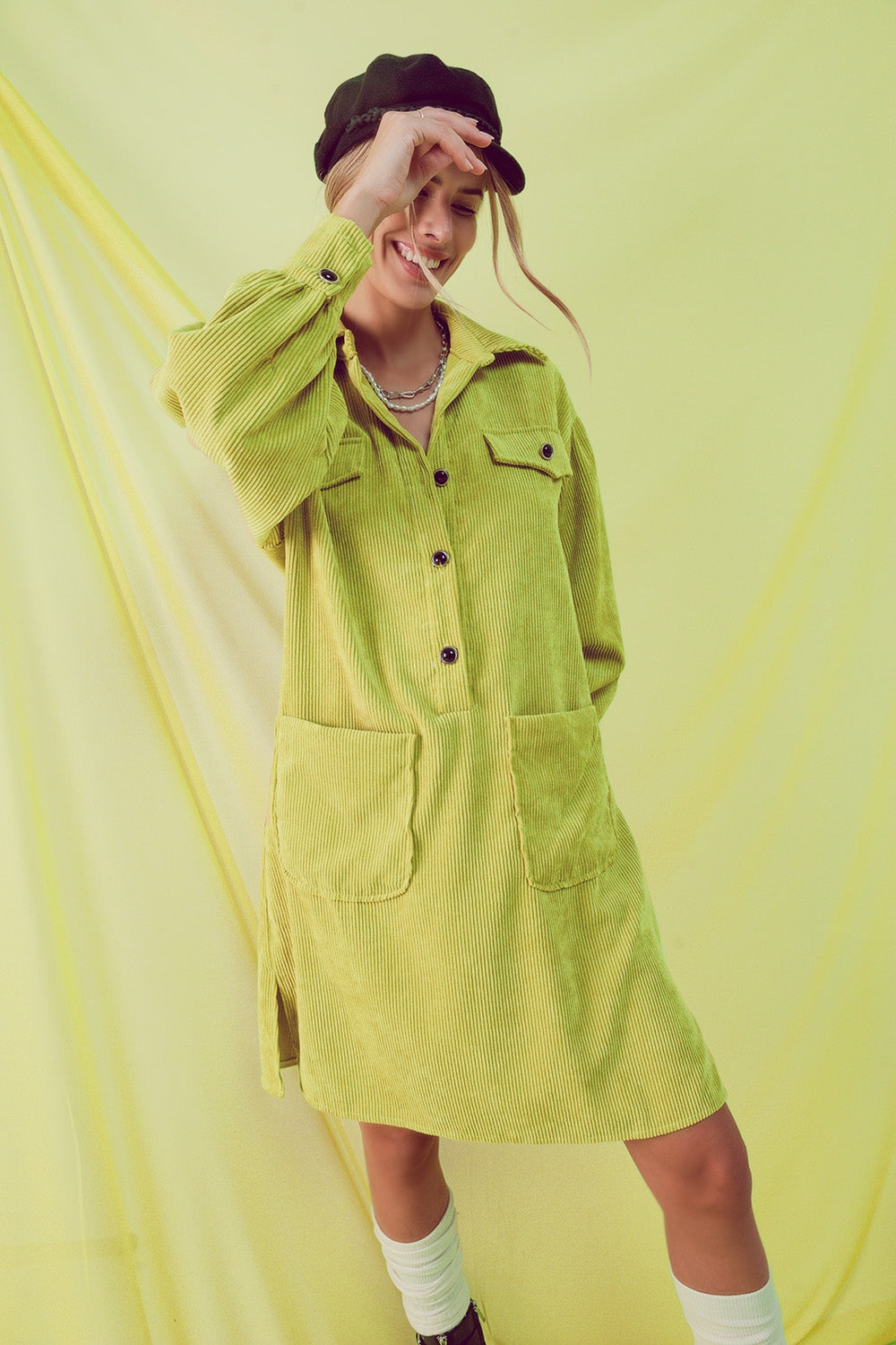 Q-2 Corduroy Mini Lime Dress - Above The Crowd Boutique