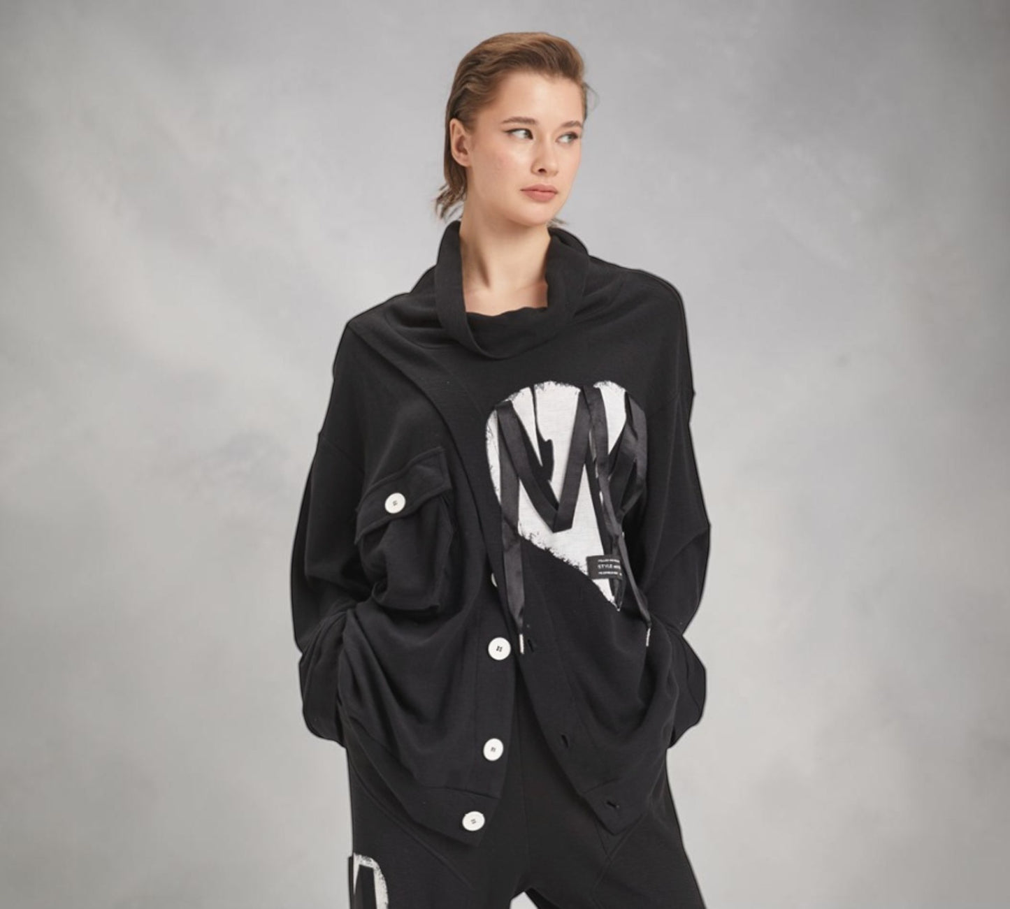 Black Oversized Graphic Cowl-Neck Sweatshirt with Utility Pocket - Above the Crowd Boutique