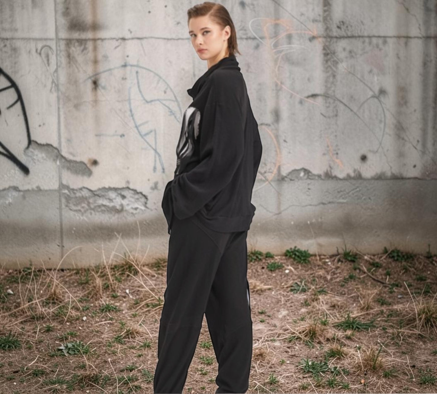 Black Oversized Graphic Cowl-Neck Sweatshirt with Utility Pocket - Above the Crowd Boutique
