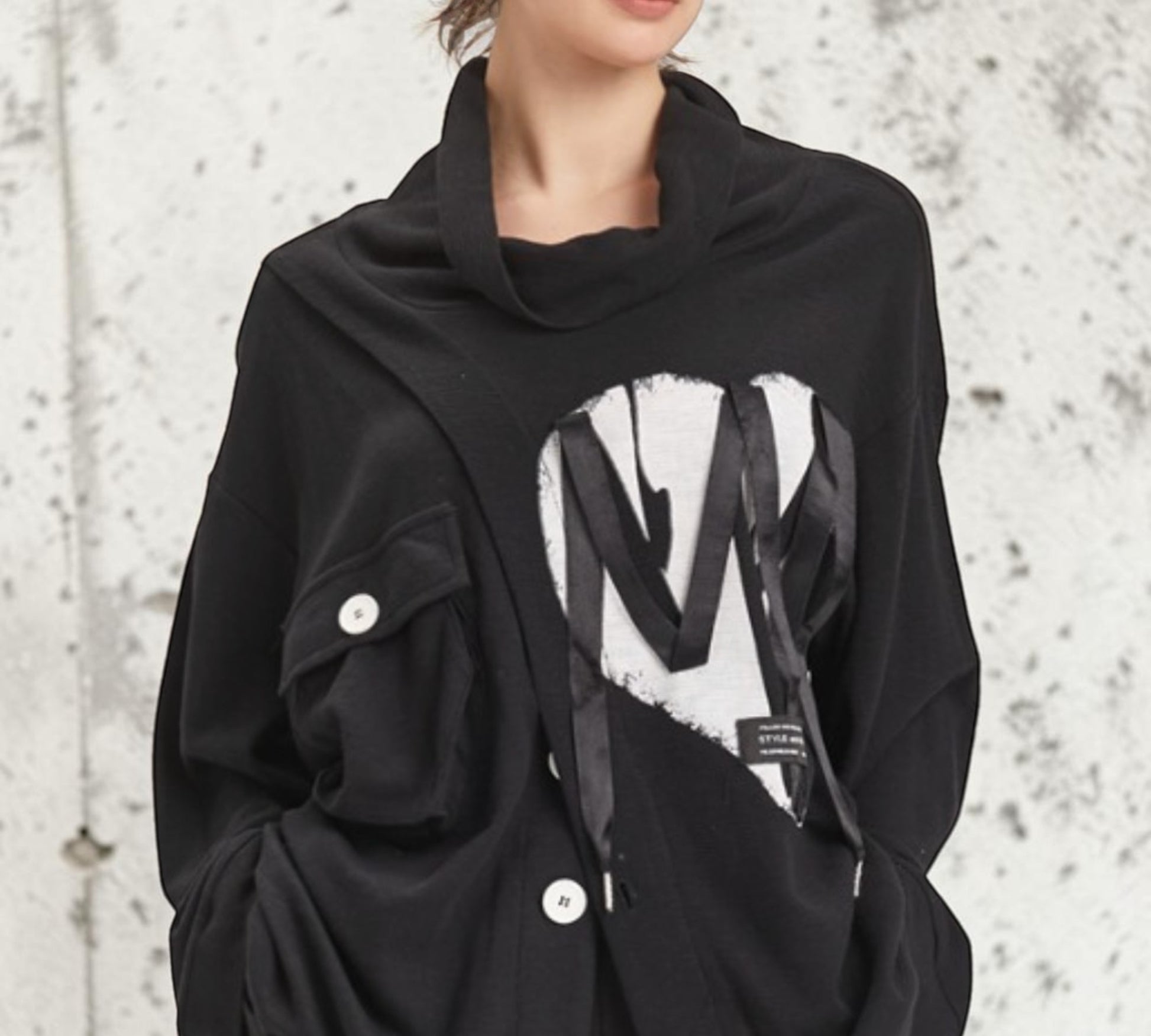Black Oversized Graphic Cowl-Neck Sweatshirt with Utility Pocket - Above the Crowd Boutique