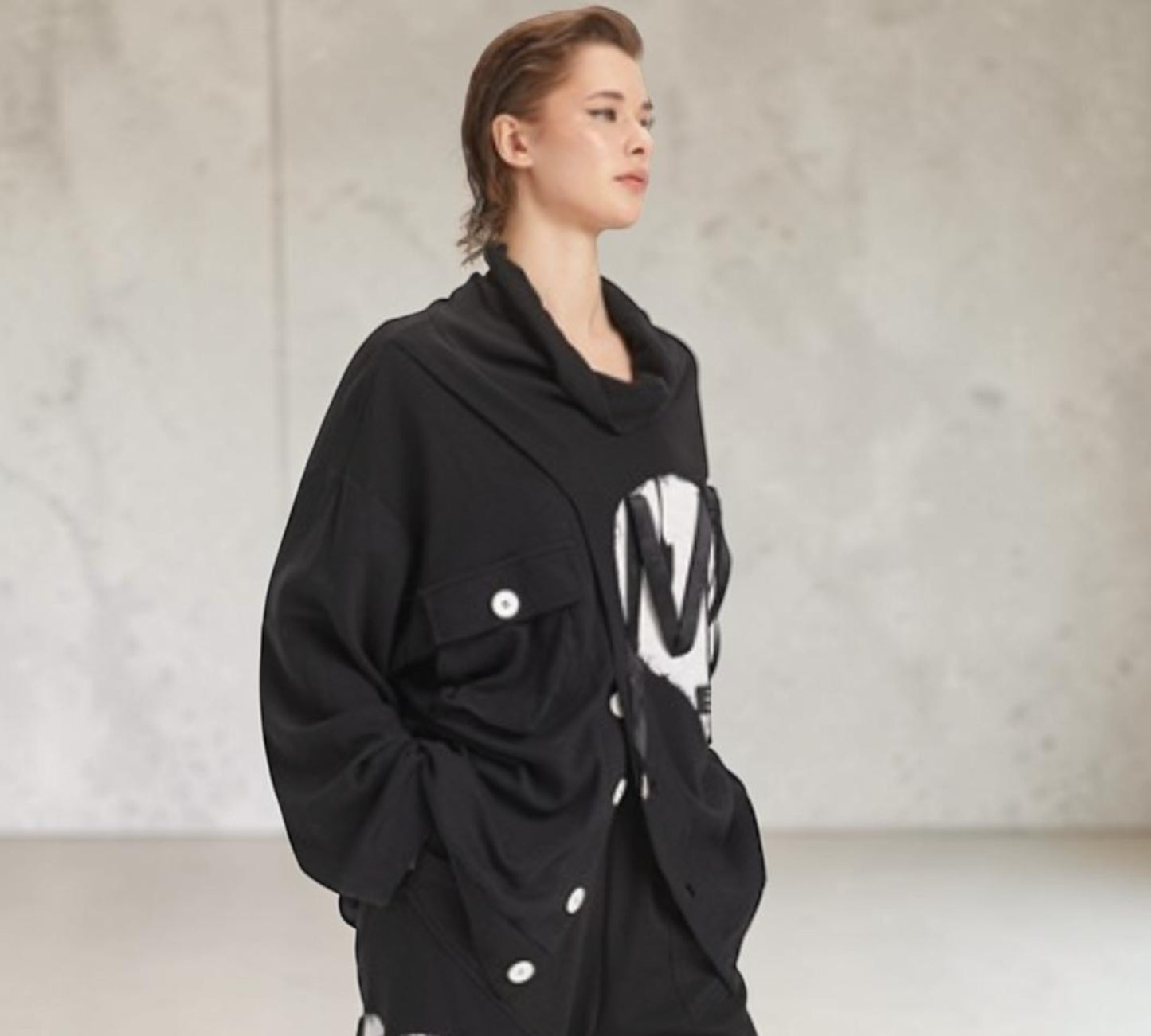 Black Oversized Graphic Cowl-Neck Sweatshirt with Utility Pocket - Above the Crowd Boutique