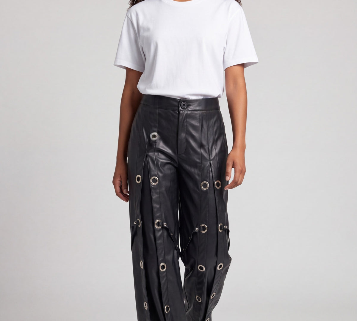 H-4 6618 Black Faux Leather Grommet Wide-Leg Pants - Above the Crowd Boutique