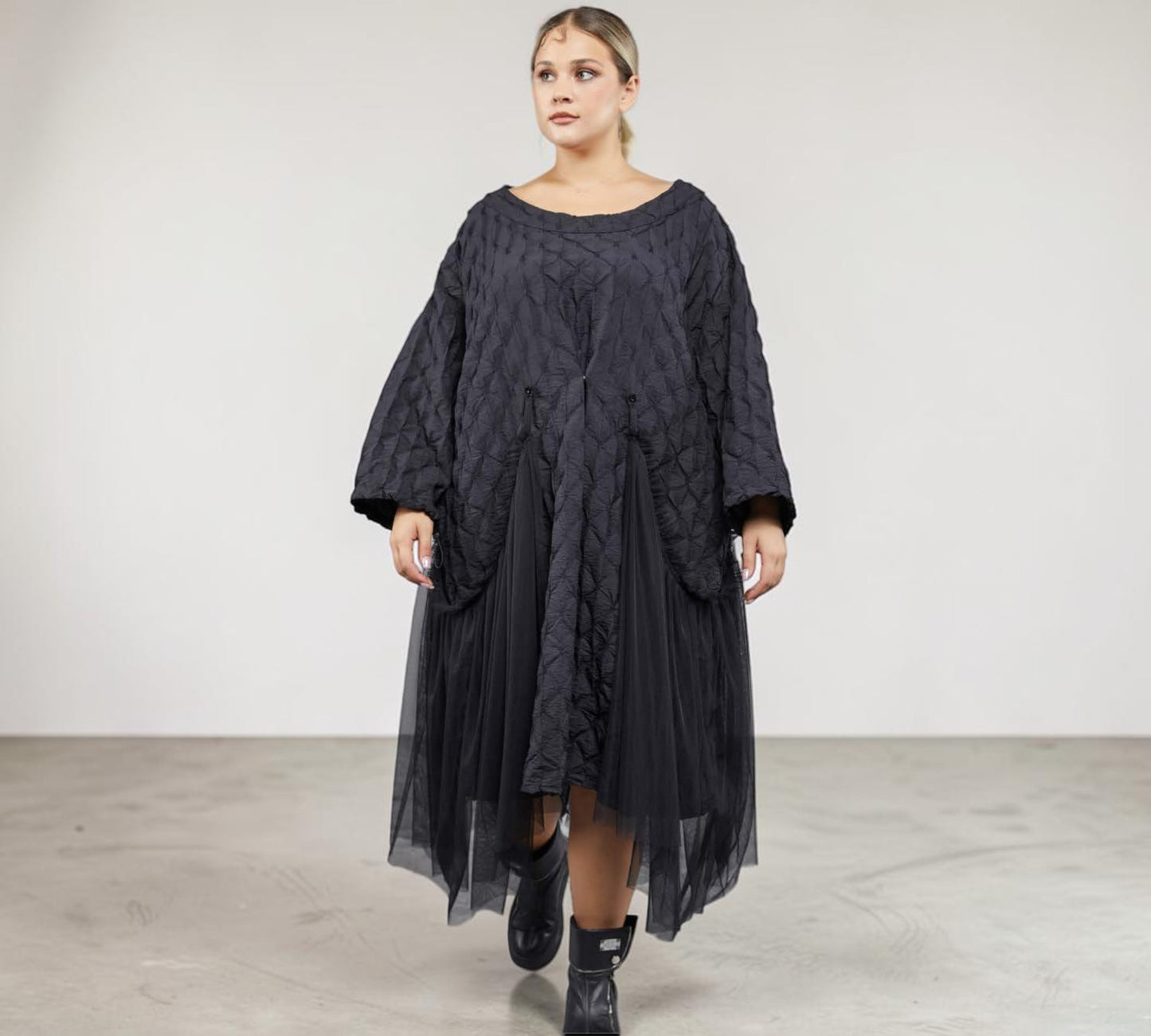 Plus Size Black Textured Tulle Panel Midi Dress - Above the Crowd Boutique