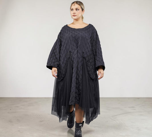 Plus Size Black Textured Tulle Panel Midi Dress - Above the Crowd Boutique