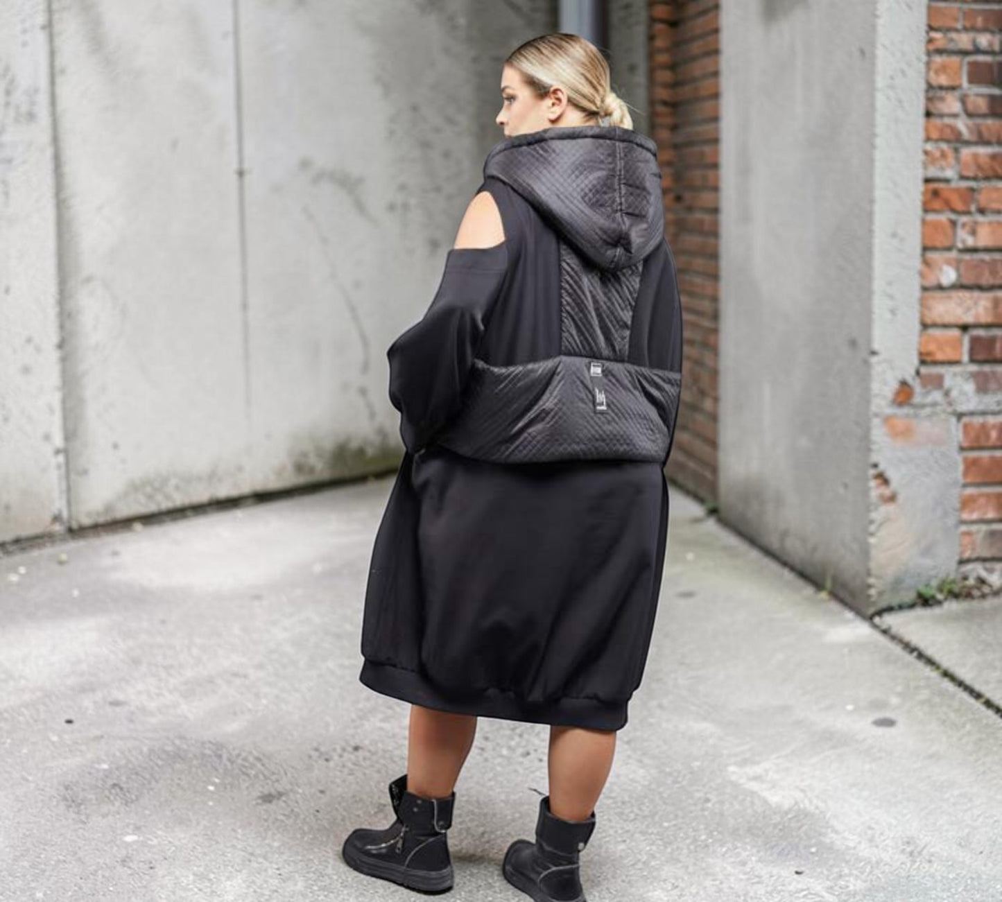 Plus Size Black Cold-Shoulder Dress with Quilted Hooded Vest Detail -  Above the Crowd Boutique