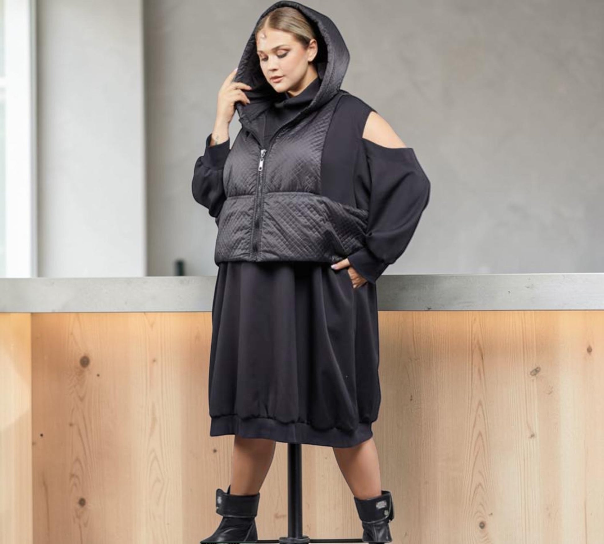 Plus Size Black Cold-Shoulder Dress with Quilted Hooded Vest Detail -  Above the Crowd Boutique