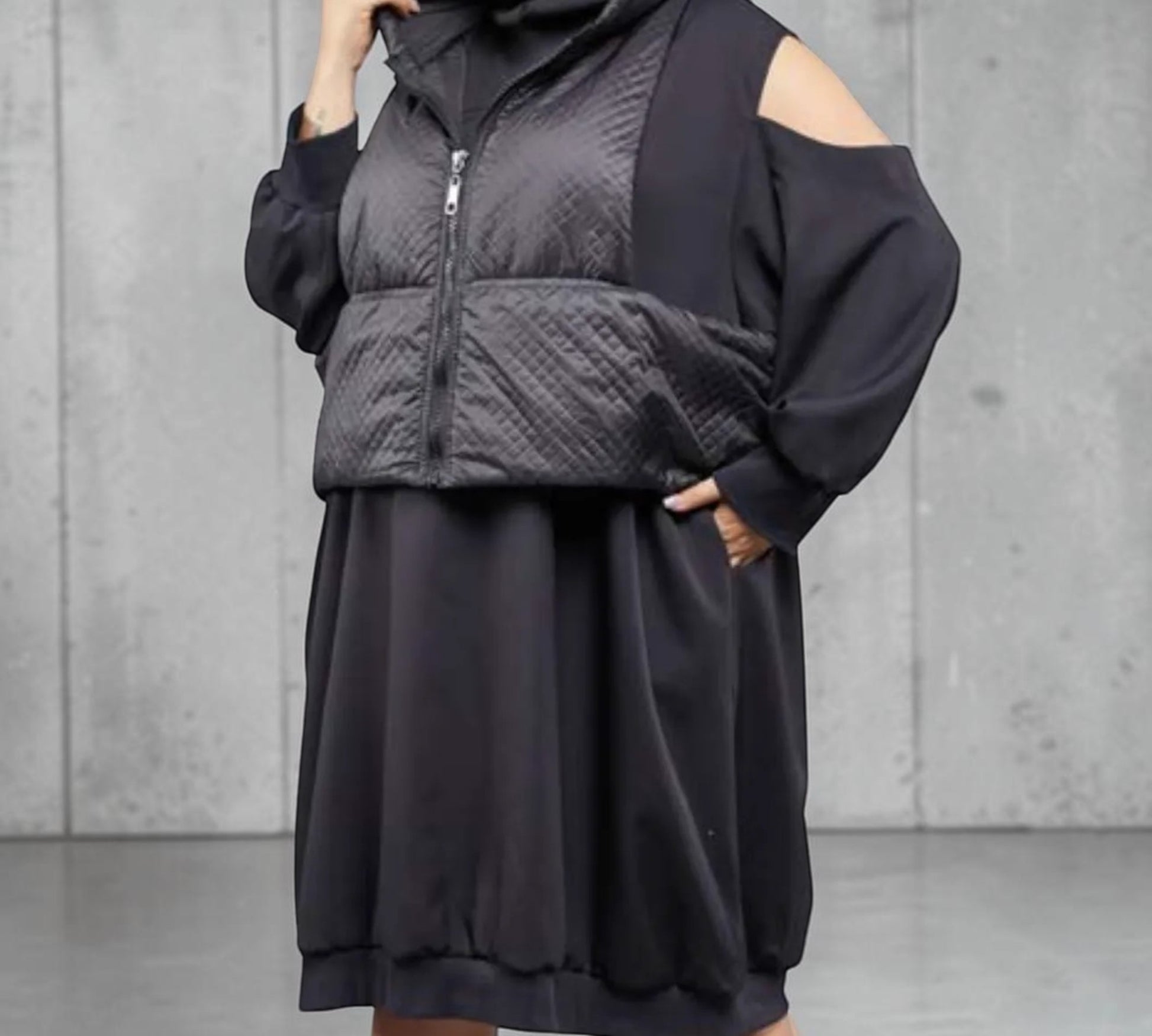 Plus Size Black Cold-Shoulder Dress with Quilted Hooded Vest Detail -  Above the Crowd Boutique