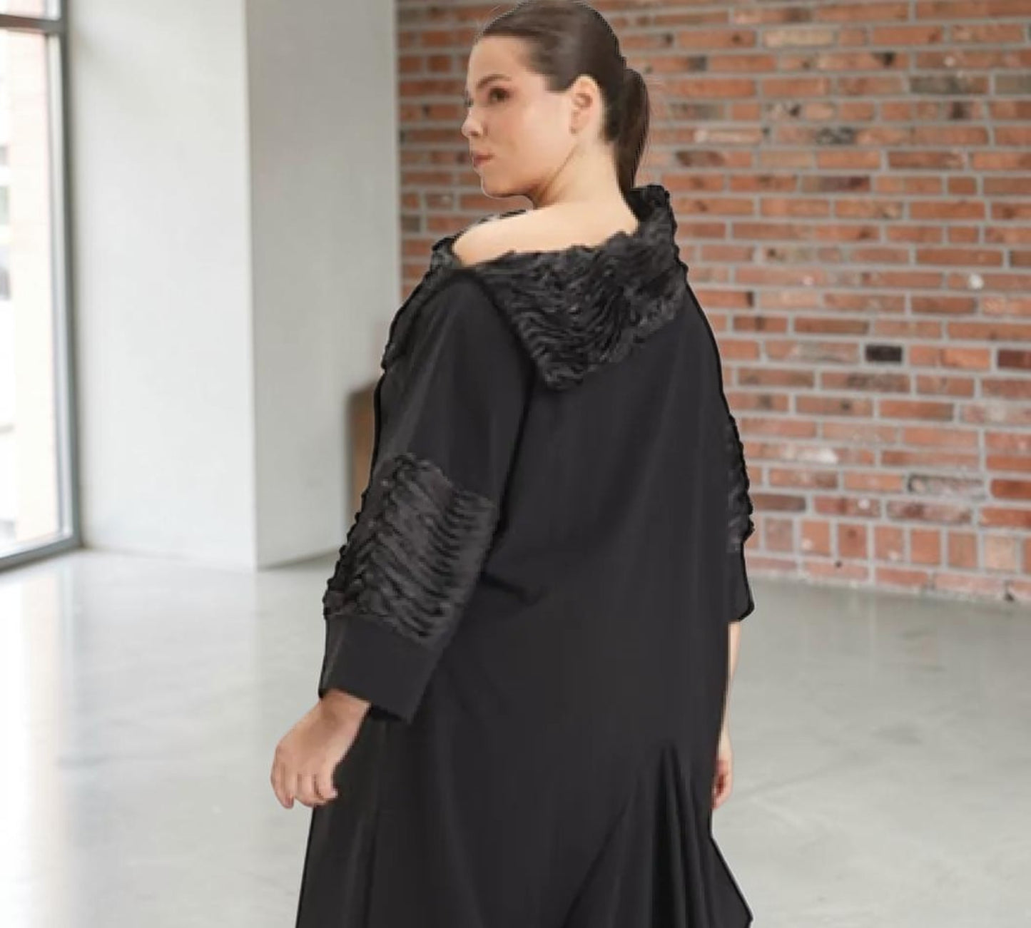 Plus Size Black Asymmetrical Textured Collar Midi Dress - Above the Crowd Boutique