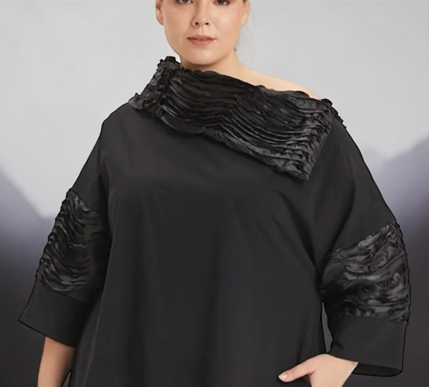 Plus Size Black Asymmetrical Textured Collar Midi Dress - Above the Crowd Boutique