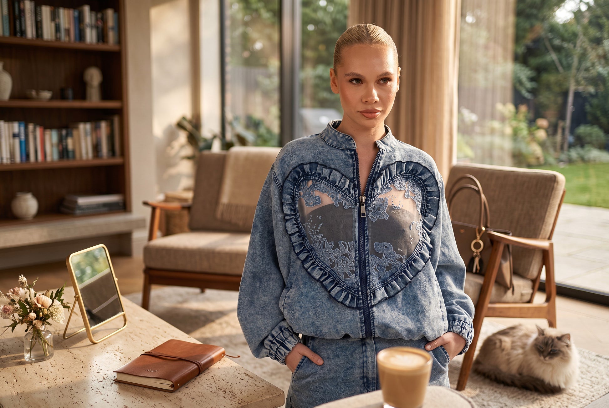 Heart Detail Acid-Wash Denim Bomber Jacket - Above the Crowd Boutique