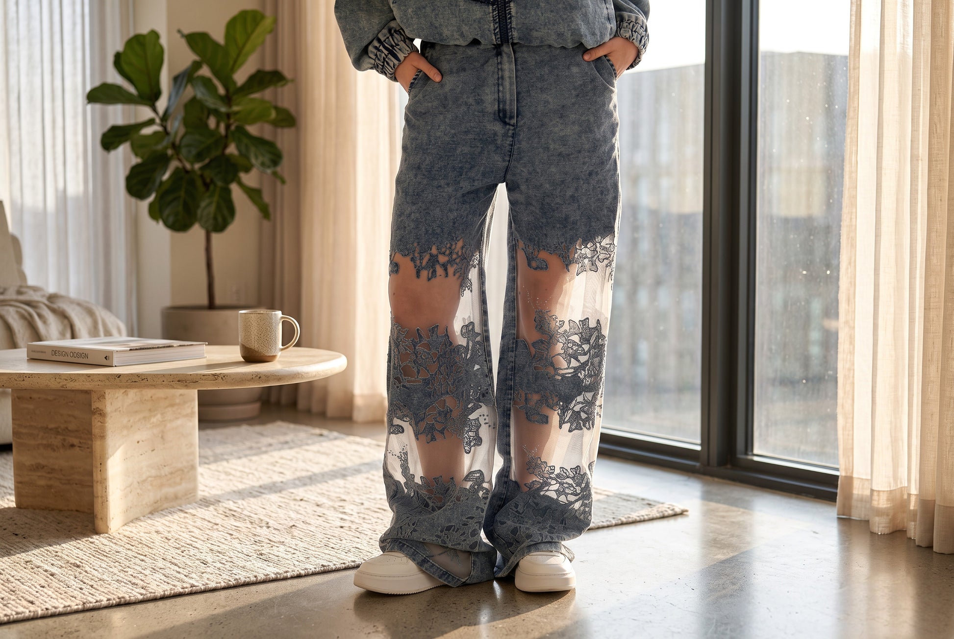 Acid-Wash Lace & Sheer Panel Wide-Leg Jeans - Above the Crowd Boutique