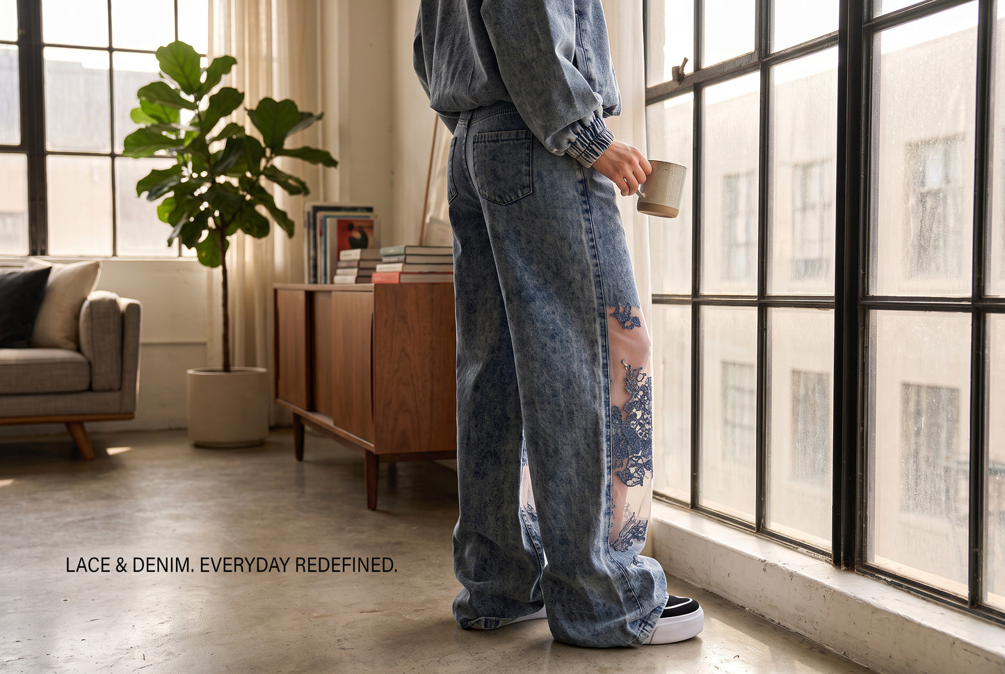 Acid-Wash Lace & Sheer Panel Wide-Leg Jeans - Above the Crowd Boutique