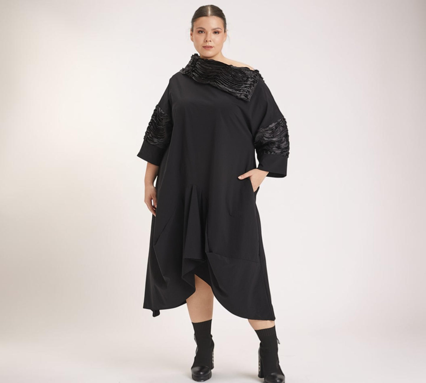 Plus Size Black Asymmetrical Textured Collar Midi Dress - Above the Crowd Boutique