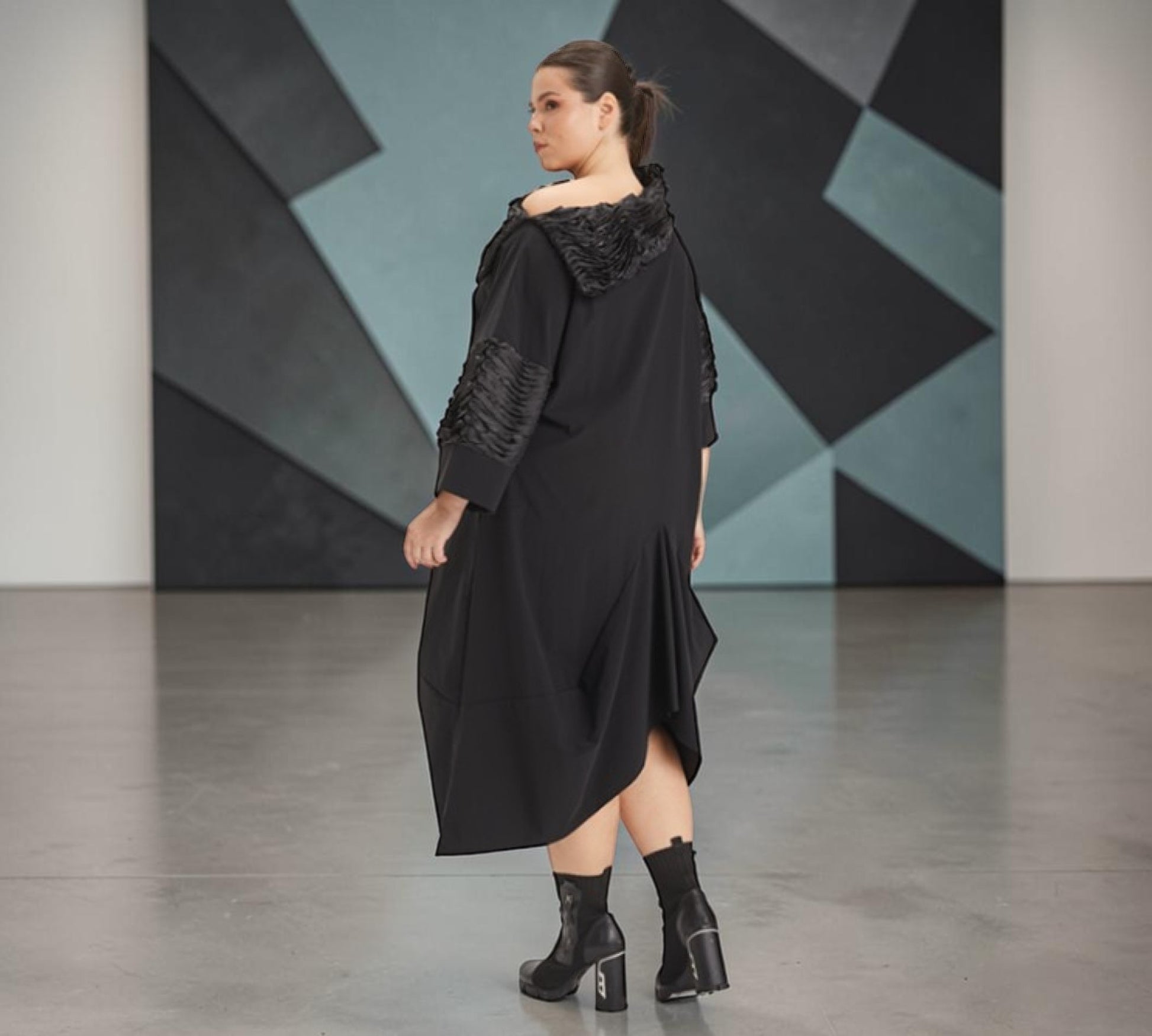 Plus Size Black Asymmetrical Textured Collar Midi Dress - Above the Crowd Boutique